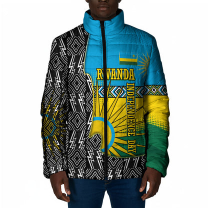 Rwanda Independence Day Unite Paix Progres Padded Jacket African Geometric Pattern - Power Fist And Coffee Branch Art