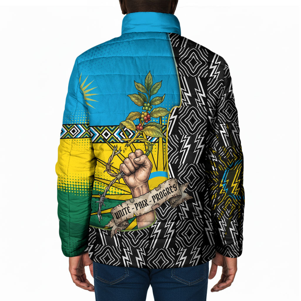 Rwanda Independence Day Unite Paix Progres Padded Jacket African Geometric Pattern - Power Fist And Coffee Branch Art