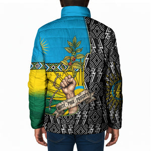 Rwanda Independence Day Unite Paix Progres Padded Jacket African Geometric Pattern - Power Fist And Coffee Branch Art