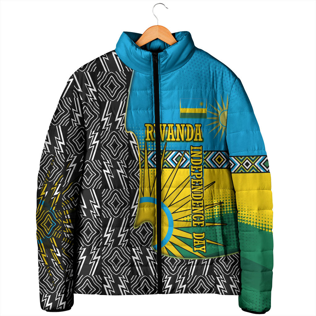 Rwanda Independence Day Unite Paix Progres Padded Jacket African Geometric Pattern - Power Fist And Coffee Branch Art
