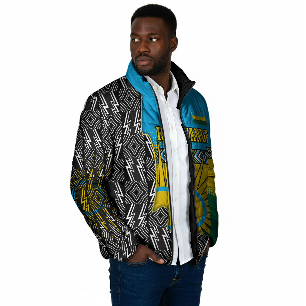 Rwanda Independence Day Unite Paix Progres Padded Jacket African Geometric Pattern - Power Fist And Coffee Branch Art