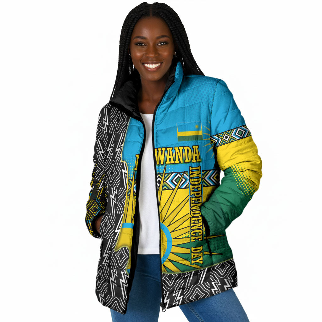 Rwanda Independence Day Unite Paix Progres Padded Jacket African Geometric Pattern - Power Fist And Coffee Branch Art