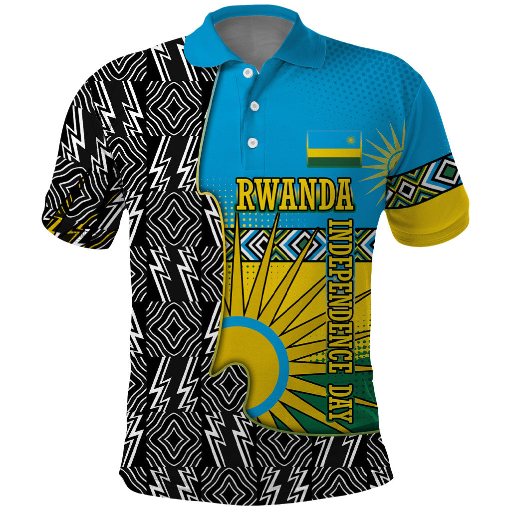 Rwanda Independence Day Unite Paix Progres Polo Shirt African Geometric Pattern - Power Fist And Coffee Branch Art