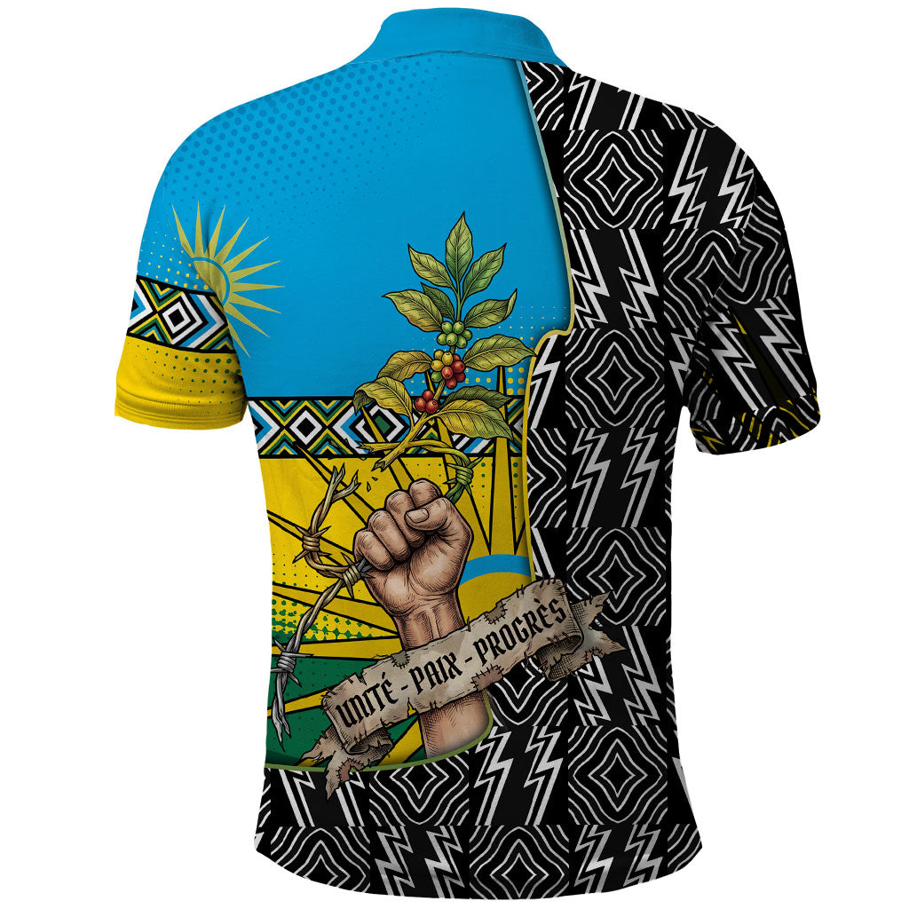 Rwanda Independence Day Unite Paix Progres Polo Shirt African Geometric Pattern - Power Fist And Coffee Branch Art