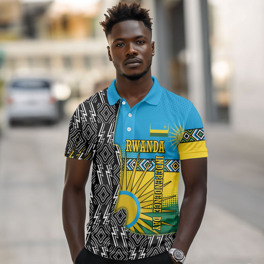 Rwanda Independence Day Unite Paix Progres Polo Shirt African Geometric Pattern - Power Fist And Coffee Branch Art