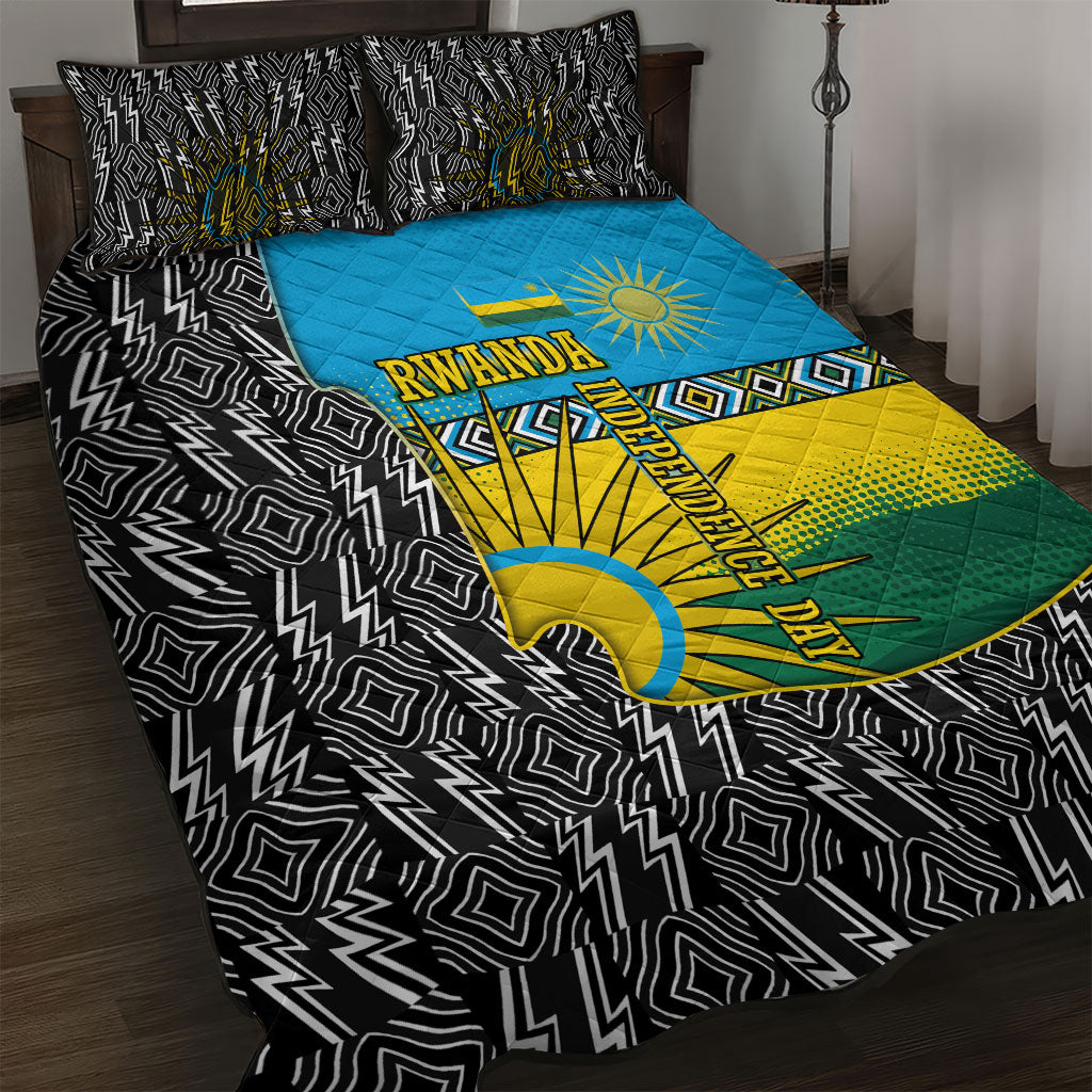 Rwanda Independence Day Unite Paix Progres Quilt Bed Set African Geometric Pattern - Power Fist And Coffee Branch Art