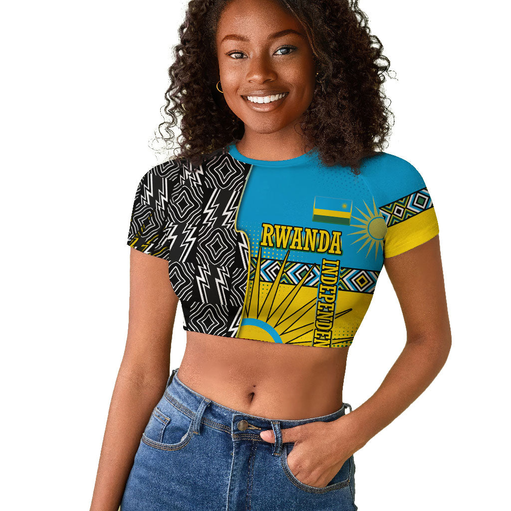 Rwanda Independence Day Unite Paix Progres Raglan Cropped T shirt African Geometric Pattern - Power Fist And Coffee Branch Art