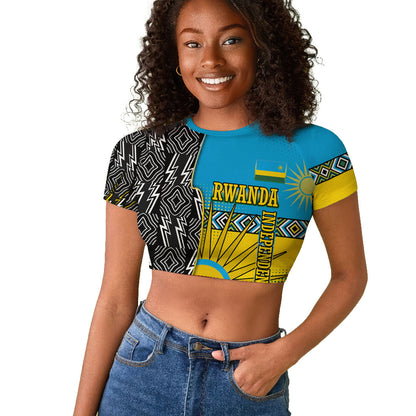 Rwanda Independence Day Unite Paix Progres Raglan Cropped T shirt African Geometric Pattern - Power Fist And Coffee Branch Art