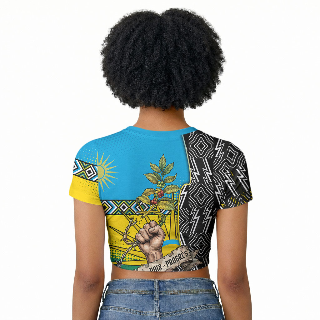Rwanda Independence Day Unite Paix Progres Raglan Cropped T shirt African Geometric Pattern - Power Fist And Coffee Branch Art