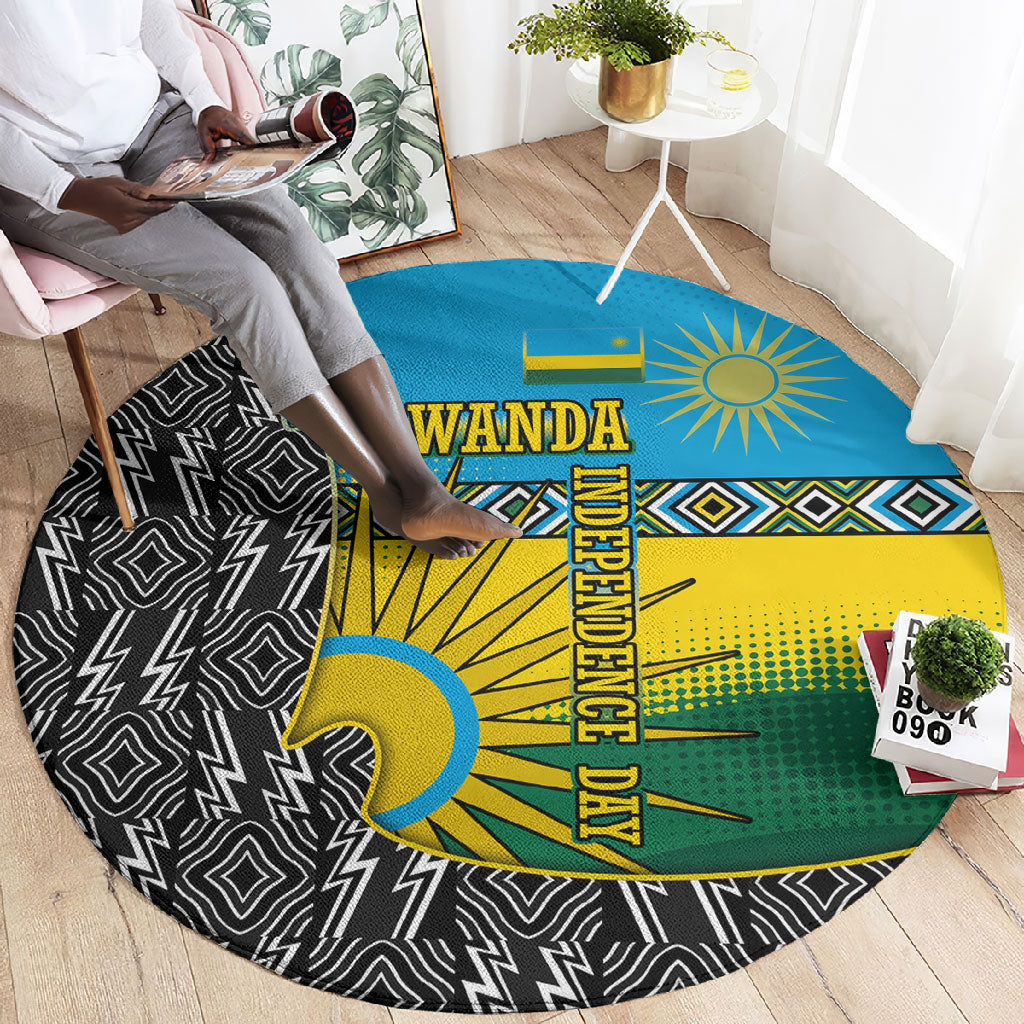 Rwanda Independence Day Unite Paix Progres Round Carpet African Geometric Pattern - Power Fist And Coffee Branch Art