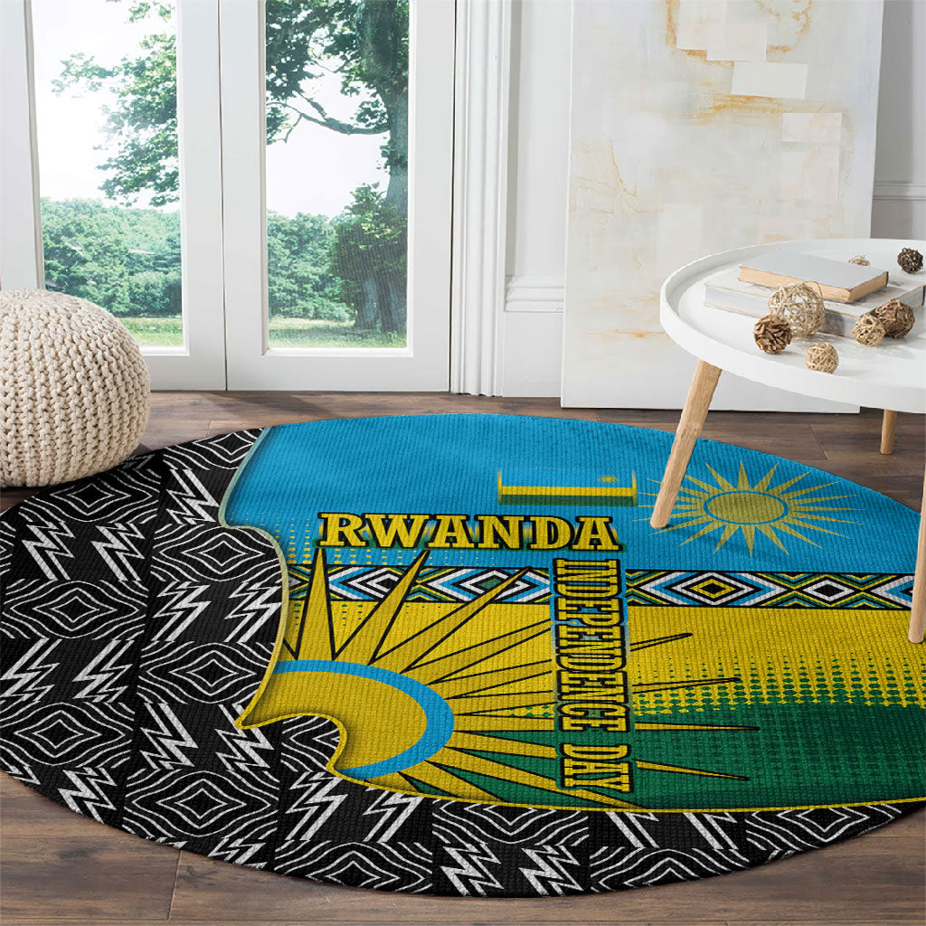 Rwanda Independence Day Unite Paix Progres Round Carpet African Geometric Pattern - Power Fist And Coffee Branch Art