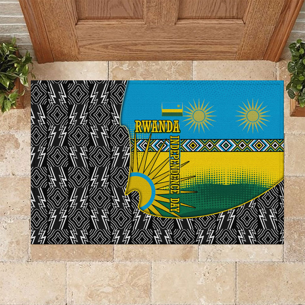 Rwanda Independence Day Unite Paix Progres Rubber Doormat African Geometric Pattern - Power Fist And Coffee Branch Art