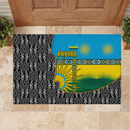 Rwanda Independence Day Unite Paix Progres Rubber Doormat African Geometric Pattern - Power Fist And Coffee Branch Art