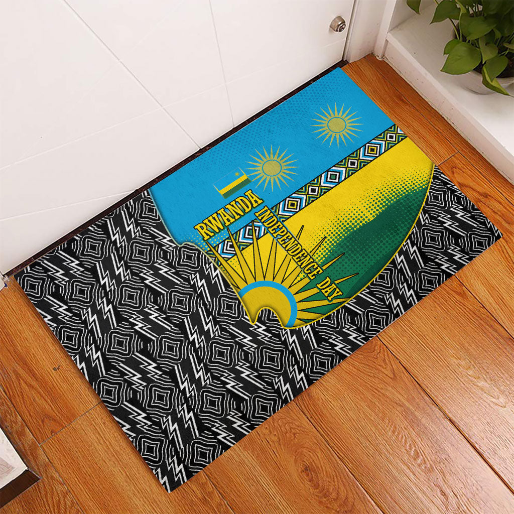 Rwanda Independence Day Unite Paix Progres Rubber Doormat African Geometric Pattern - Power Fist And Coffee Branch Art