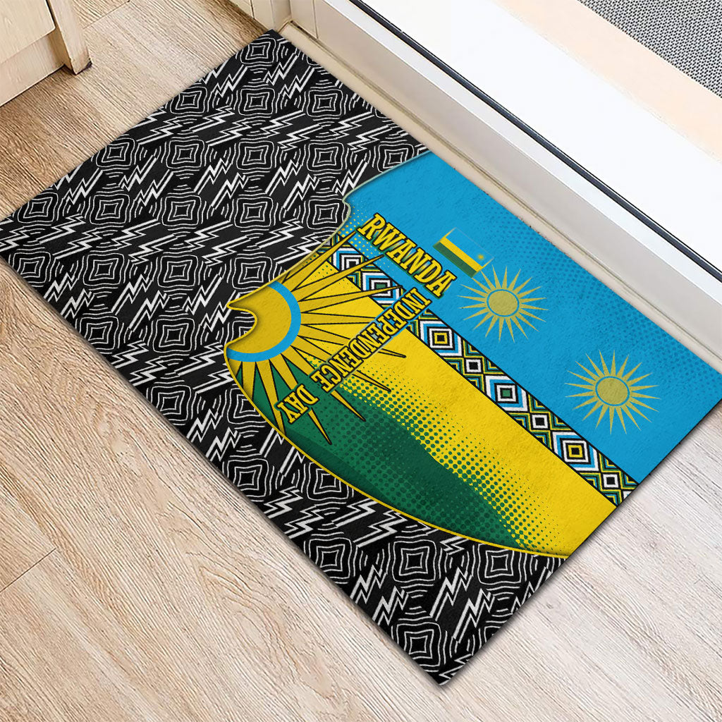 Rwanda Independence Day Unite Paix Progres Rubber Doormat African Geometric Pattern - Power Fist And Coffee Branch Art