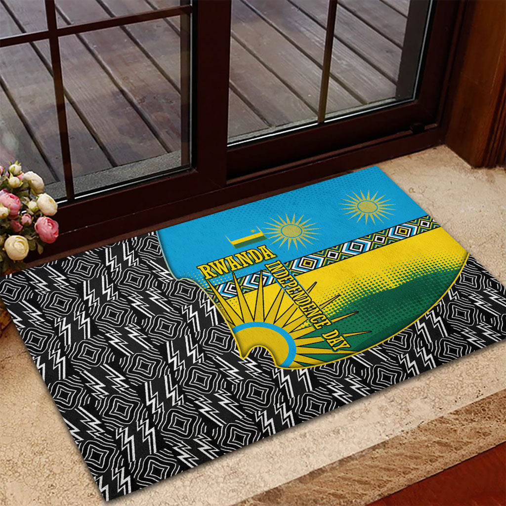 Rwanda Independence Day Unite Paix Progres Rubber Doormat African Geometric Pattern - Power Fist And Coffee Branch Art