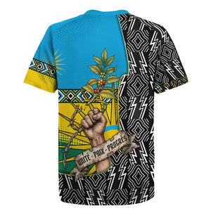 Rwanda Independence Day Unite Paix Progres Rugby Jersey African Geometric Pattern - Power Fist And Coffee Branch Art