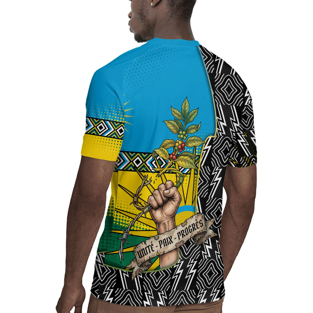 Rwanda Independence Day Unite Paix Progres Rugby Jersey African Geometric Pattern - Power Fist And Coffee Branch Art