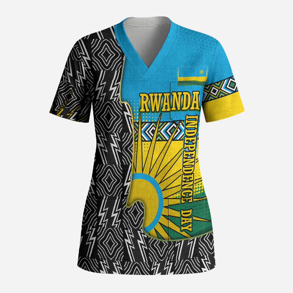 Rwanda Independence Day Unite Paix Progres Scrub Top African Geometric Pattern - Power Fist And Coffee Branch Art