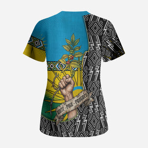 Rwanda Independence Day Unite Paix Progres Scrub Top African Geometric Pattern - Power Fist And Coffee Branch Art