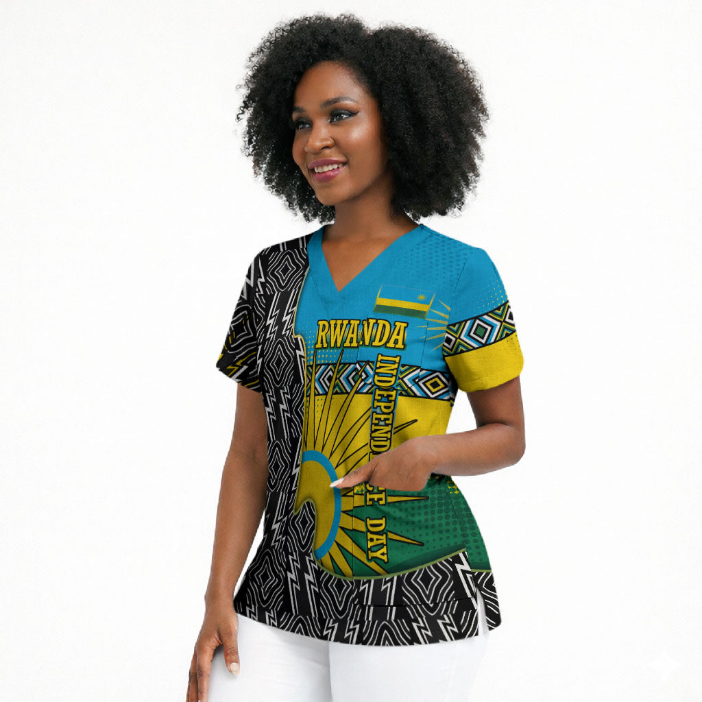 Rwanda Independence Day Unite Paix Progres Scrub Top African Geometric Pattern - Power Fist And Coffee Branch Art