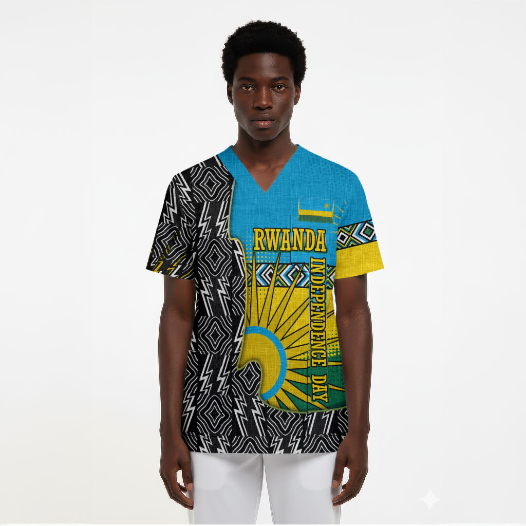 Rwanda Independence Day Unite Paix Progres Scrub Top African Geometric Pattern - Power Fist And Coffee Branch Art