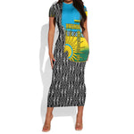 Rwanda Independence Day Unite Paix Progres Short Sleeve Bodycon Dress African Geometric Pattern - Power Fist And Coffee Branch Art
