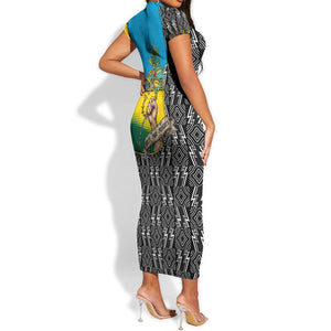 Rwanda Independence Day Unite Paix Progres Short Sleeve Bodycon Dress African Geometric Pattern - Power Fist And Coffee Branch Art