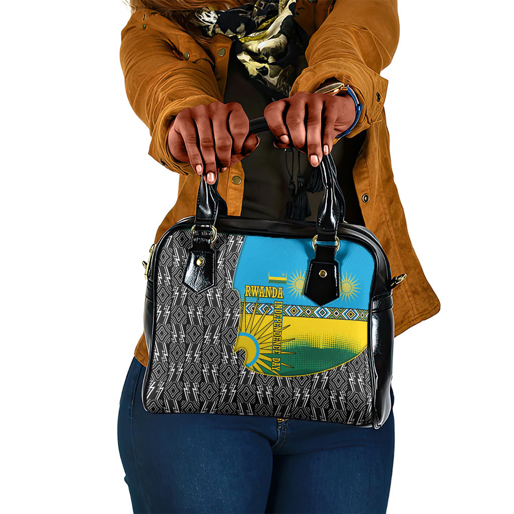 Rwanda Independence Day Unite Paix Progres Shoulder Handbag African Geometric Pattern - Power Fist And Coffee Branch Art