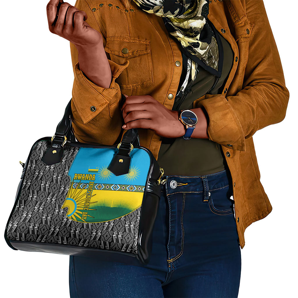 Rwanda Independence Day Unite Paix Progres Shoulder Handbag African Geometric Pattern - Power Fist And Coffee Branch Art