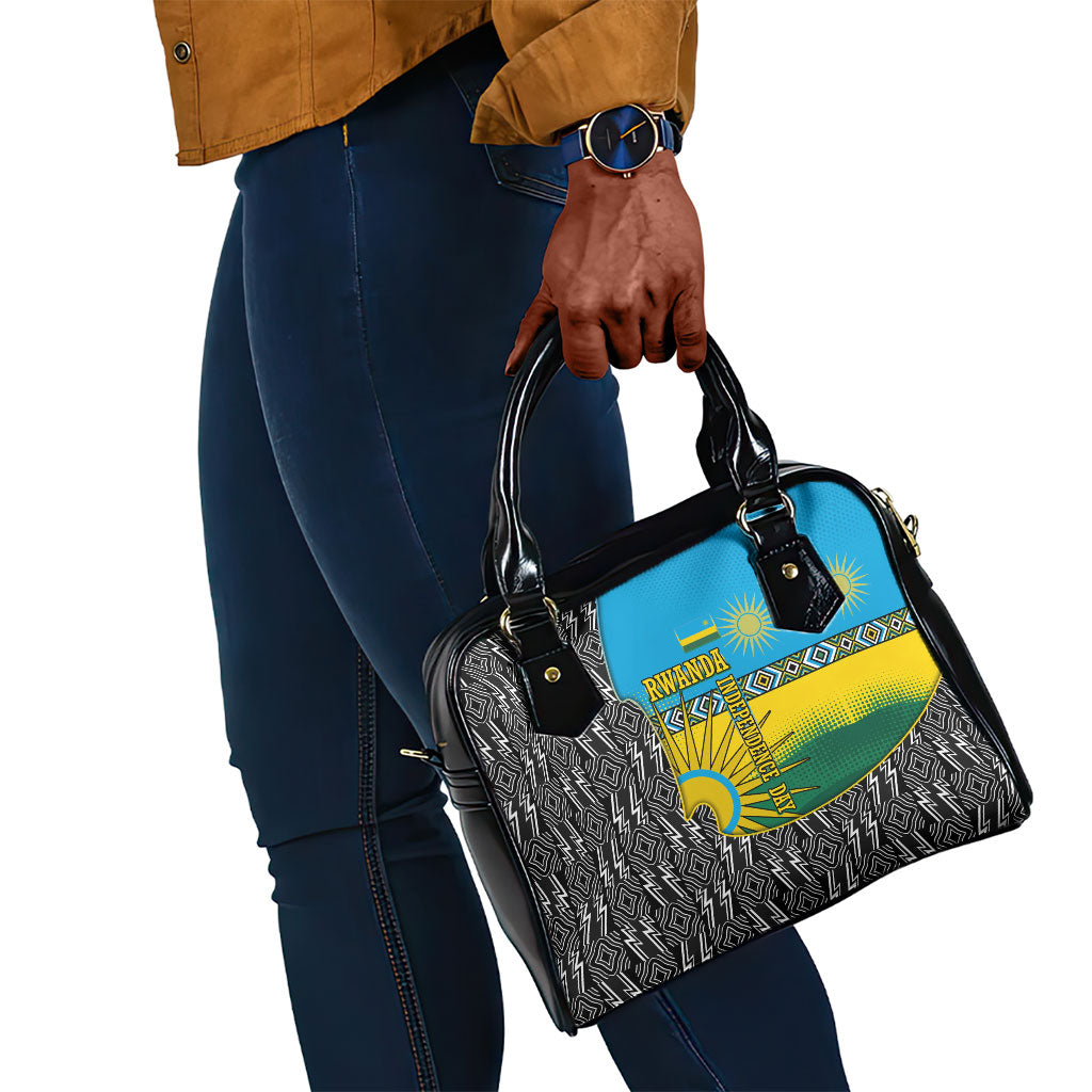 Rwanda Independence Day Unite Paix Progres Shoulder Handbag African Geometric Pattern - Power Fist And Coffee Branch Art
