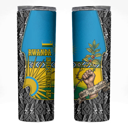Rwanda Independence Day Unite Paix Progres Skinny Tumbler African Geometric Pattern - Power Fist And Coffee Branch Art