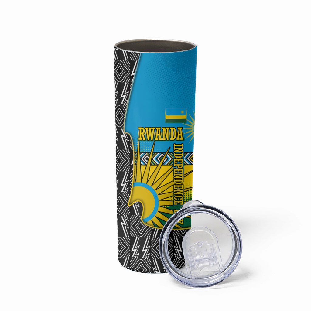 Rwanda Independence Day Unite Paix Progres Skinny Tumbler African Geometric Pattern - Power Fist And Coffee Branch Art