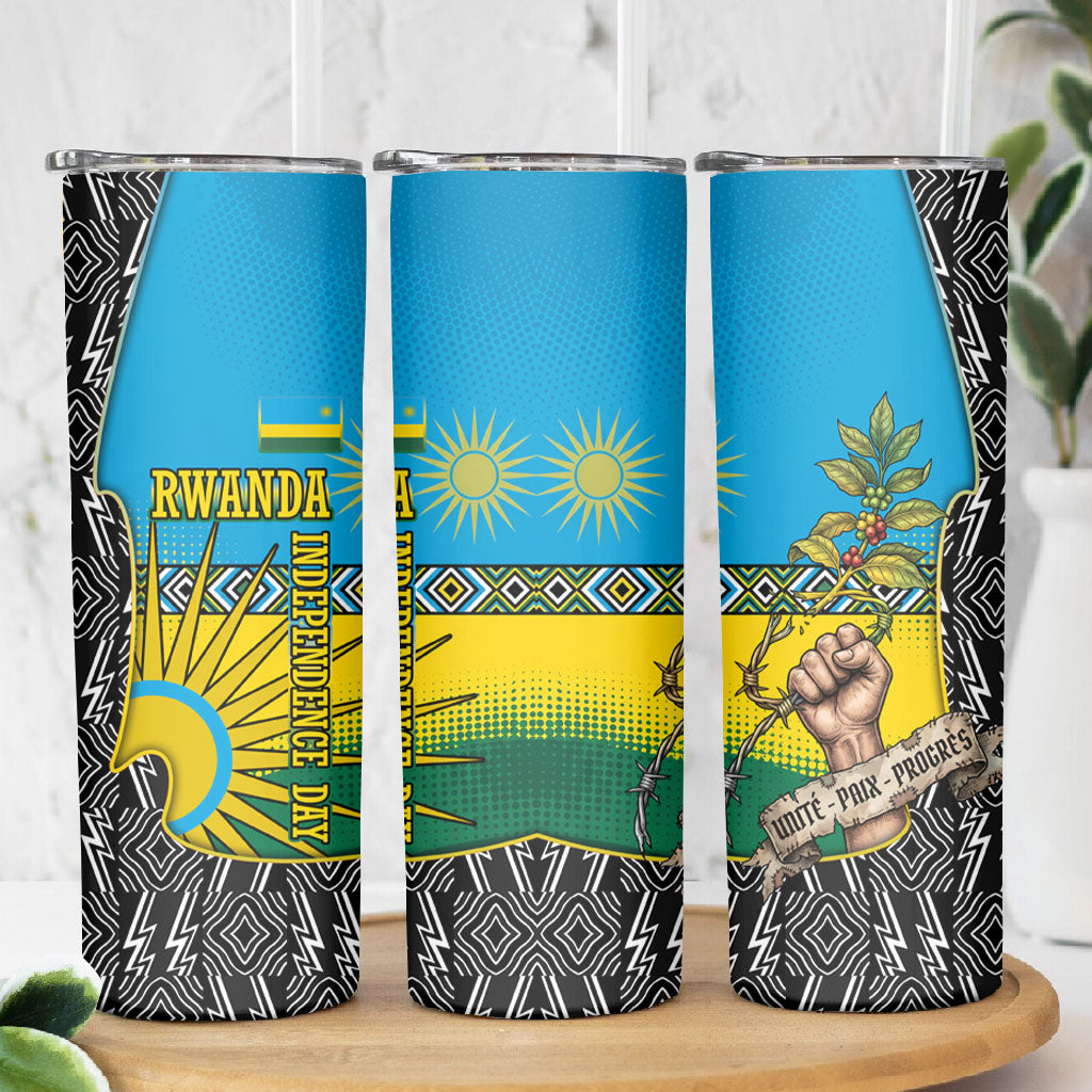 Rwanda Independence Day Unite Paix Progres Skinny Tumbler African Geometric Pattern - Power Fist And Coffee Branch Art