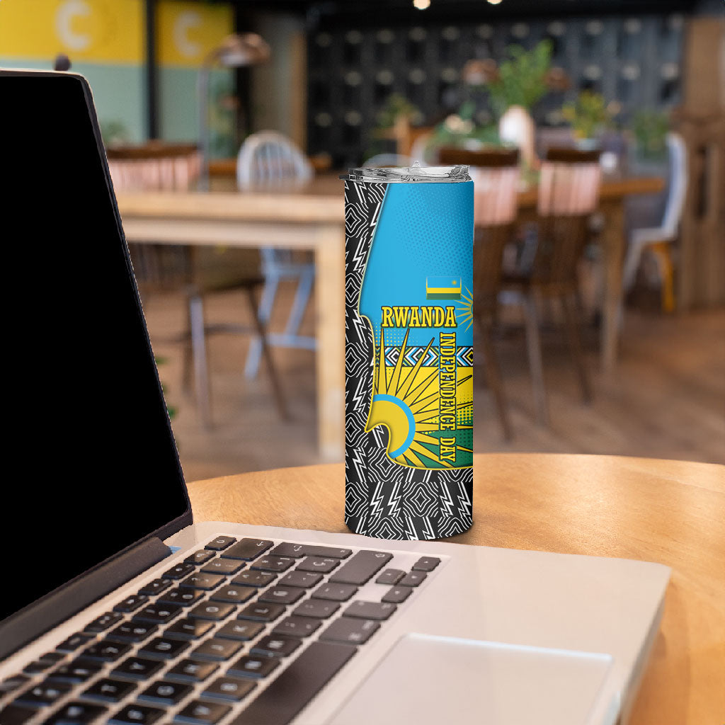 Rwanda Independence Day Unite Paix Progres Skinny Tumbler African Geometric Pattern - Power Fist And Coffee Branch Art