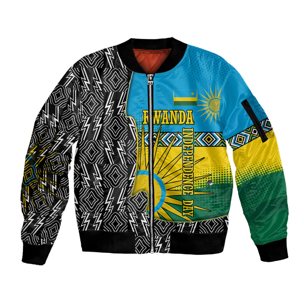 Rwanda Independence Day Unite Paix Progres Sleeve Zip Bomber Jacket African Geometric Pattern - Power Fist And Coffee Branch Art