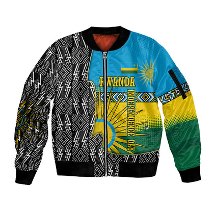 Rwanda Independence Day Unite Paix Progres Sleeve Zip Bomber Jacket African Geometric Pattern - Power Fist And Coffee Branch Art
