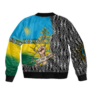 Rwanda Independence Day Unite Paix Progres Sleeve Zip Bomber Jacket African Geometric Pattern - Power Fist And Coffee Branch Art