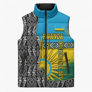 Rwanda Independence Day Unite Paix Progres Sleeveless Puffer Jacket African Geometric Pattern - Power Fist And Coffee Branch Art