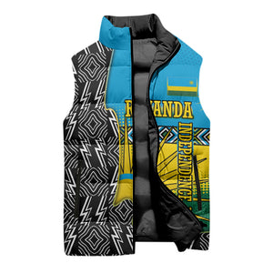Rwanda Independence Day Unite Paix Progres Sleeveless Puffer Jacket African Geometric Pattern - Power Fist And Coffee Branch Art
