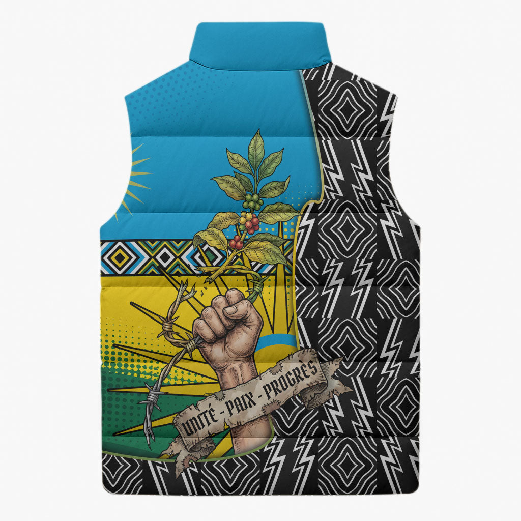 Rwanda Independence Day Unite Paix Progres Sleeveless Puffer Jacket African Geometric Pattern - Power Fist And Coffee Branch Art