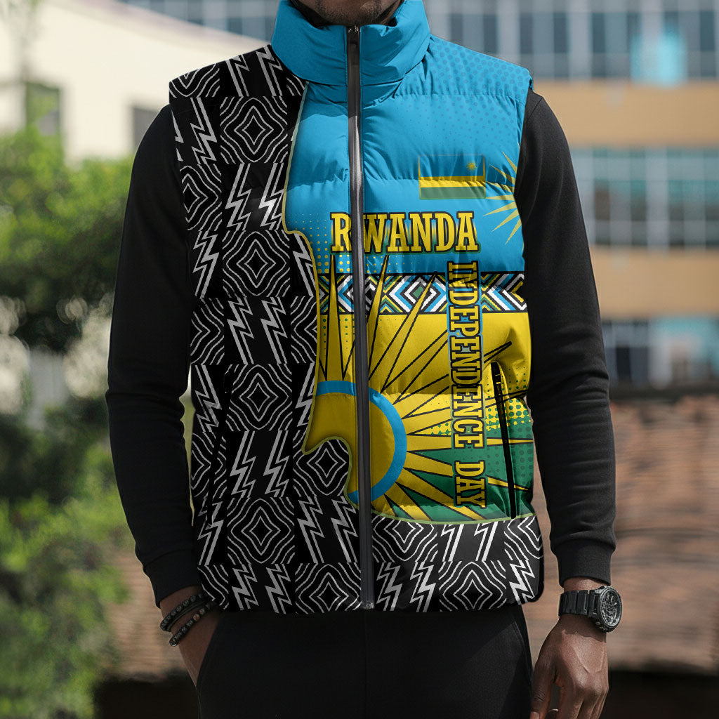 Rwanda Independence Day Unite Paix Progres Sleeveless Puffer Jacket African Geometric Pattern - Power Fist And Coffee Branch Art