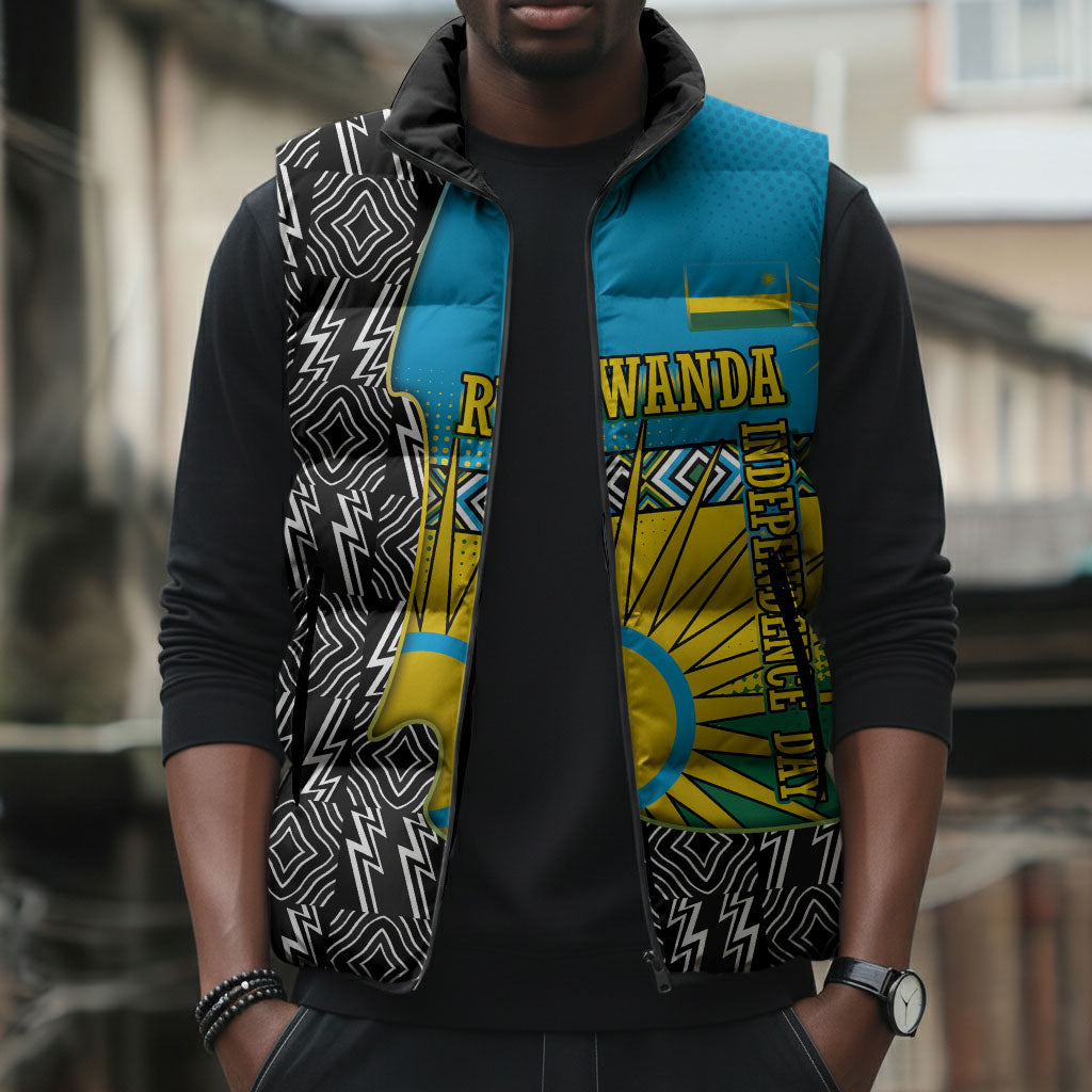 Rwanda Independence Day Unite Paix Progres Sleeveless Puffer Jacket African Geometric Pattern - Power Fist And Coffee Branch Art