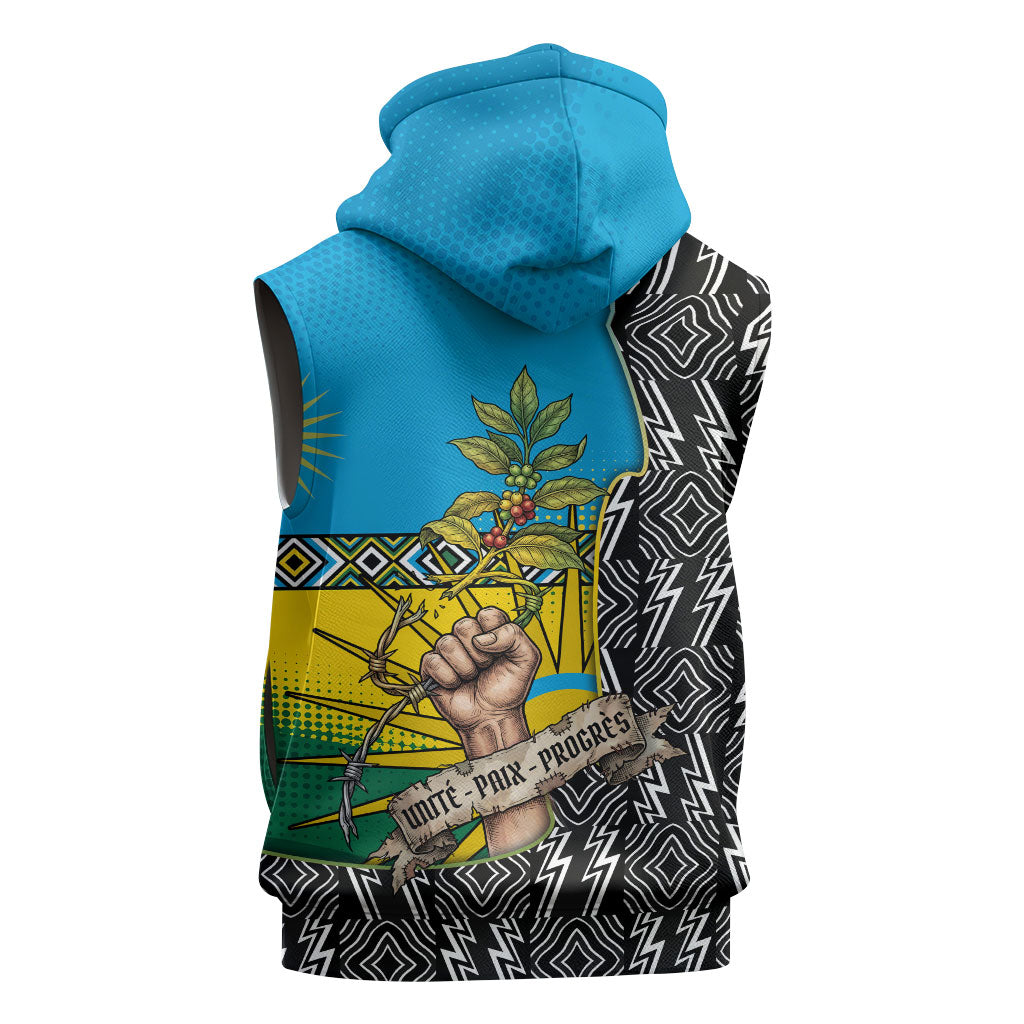 Rwanda Independence Day Unite Paix Progres Sleeveless Zip Hoodie African Geometric Pattern - Power Fist And Coffee Branch Art