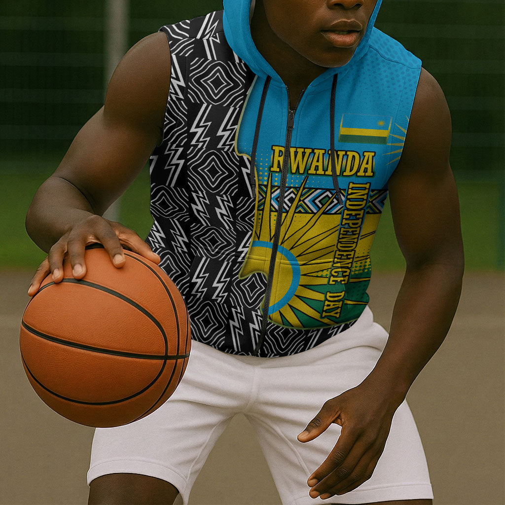 Rwanda Independence Day Unite Paix Progres Sleeveless Zip Hoodie African Geometric Pattern - Power Fist And Coffee Branch Art