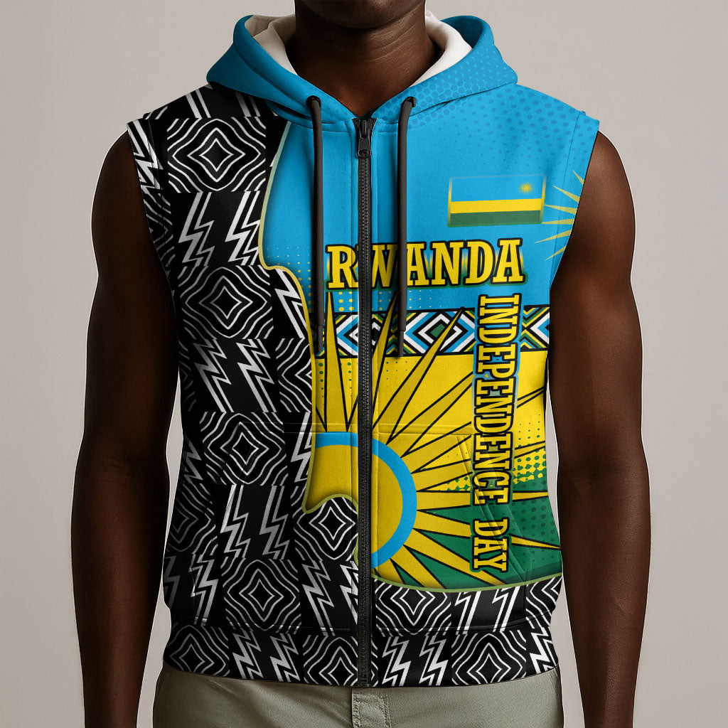 Rwanda Independence Day Unite Paix Progres Sleeveless Zip Hoodie African Geometric Pattern - Power Fist And Coffee Branch Art