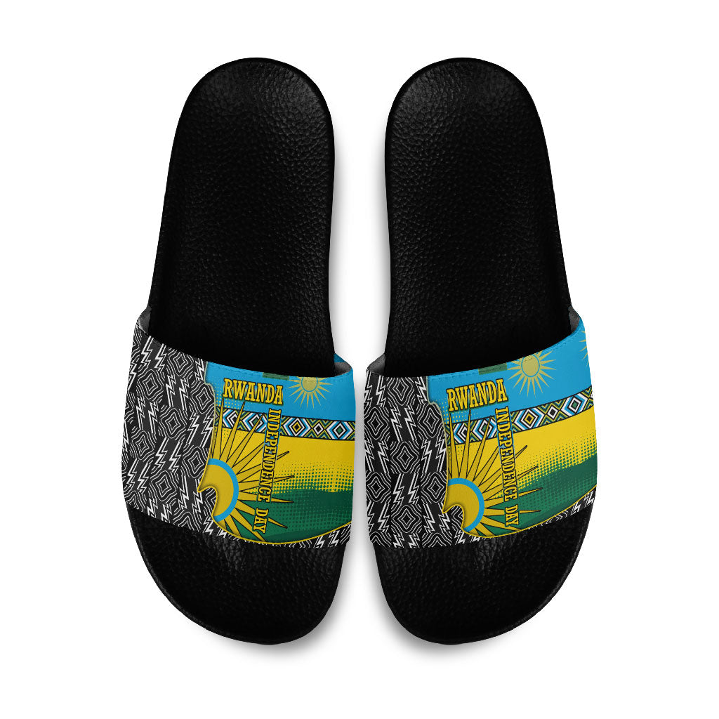 Rwanda Independence Day Unite Paix Progres Slide Sandals African Geometric Pattern - Power Fist And Coffee Branch Art