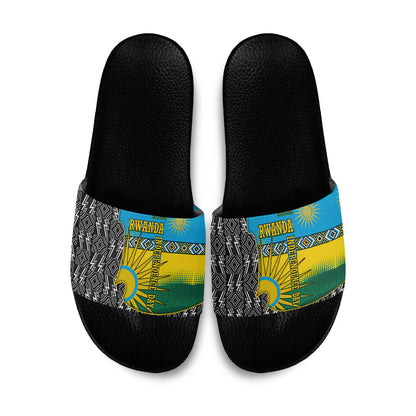 Rwanda Independence Day Unite Paix Progres Slide Sandals African Geometric Pattern - Power Fist And Coffee Branch Art