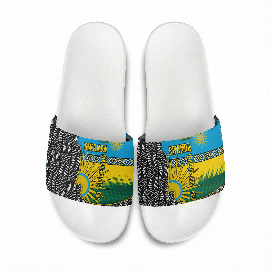 Rwanda Independence Day Unite Paix Progres Slide Sandals African Geometric Pattern - Power Fist And Coffee Branch Art
