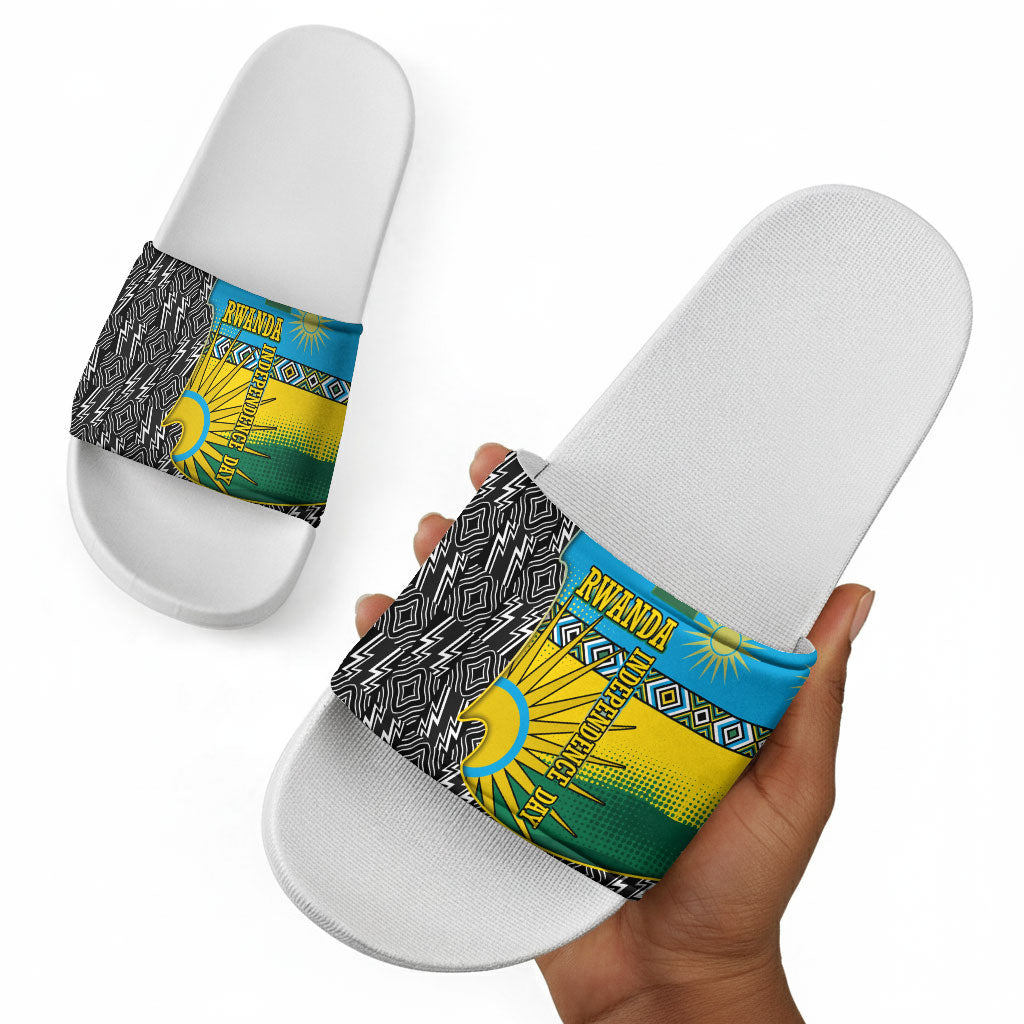 Rwanda Independence Day Unite Paix Progres Slide Sandals African Geometric Pattern - Power Fist And Coffee Branch Art